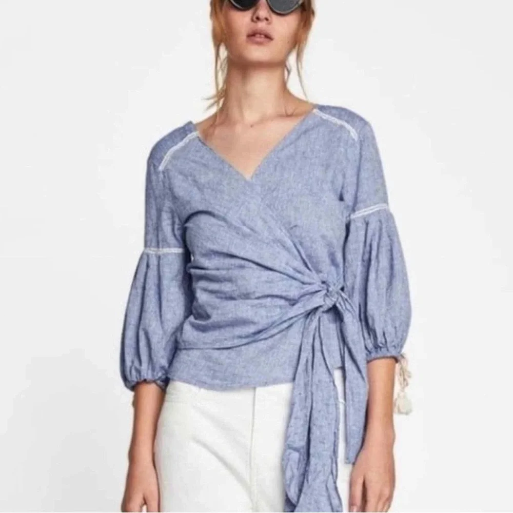 Zara Light Blue Chambray Wrap Blouse